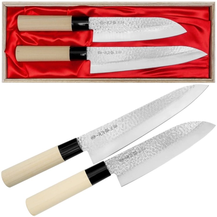 Satake Magoroku Saku Japoński Zestaw 2 Noży Nóż Szefa Kuchni 21cm i Santoku 17cm w Drewnianym Etui
