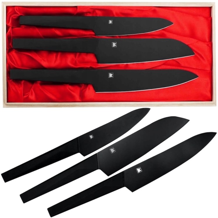 Satake Black Japoński Zestaw 3 Noży w Drewnianym Pudełku Na Prezent HG8682W