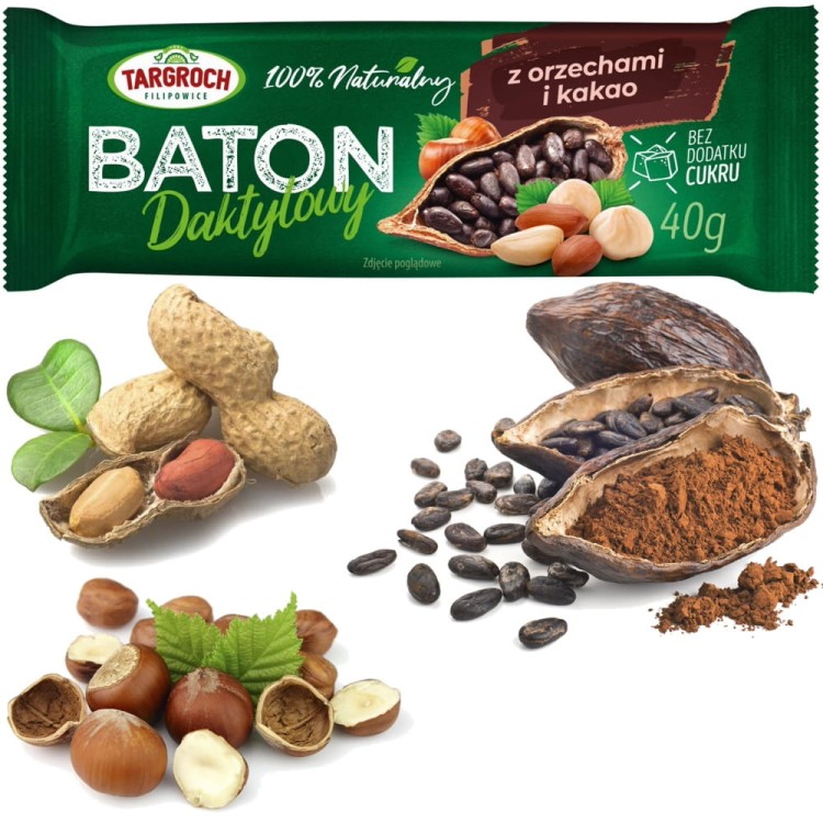 Zdrowy Baton Daktylowy z Orzechami i Kakao Energia z Natury 40g TARGROCH
