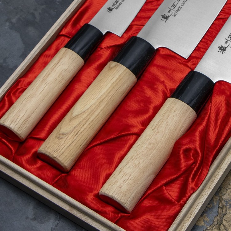 Satake Misaki Japoński Zestaw 3 Noży w Drewnianym Pudełku HG8775W