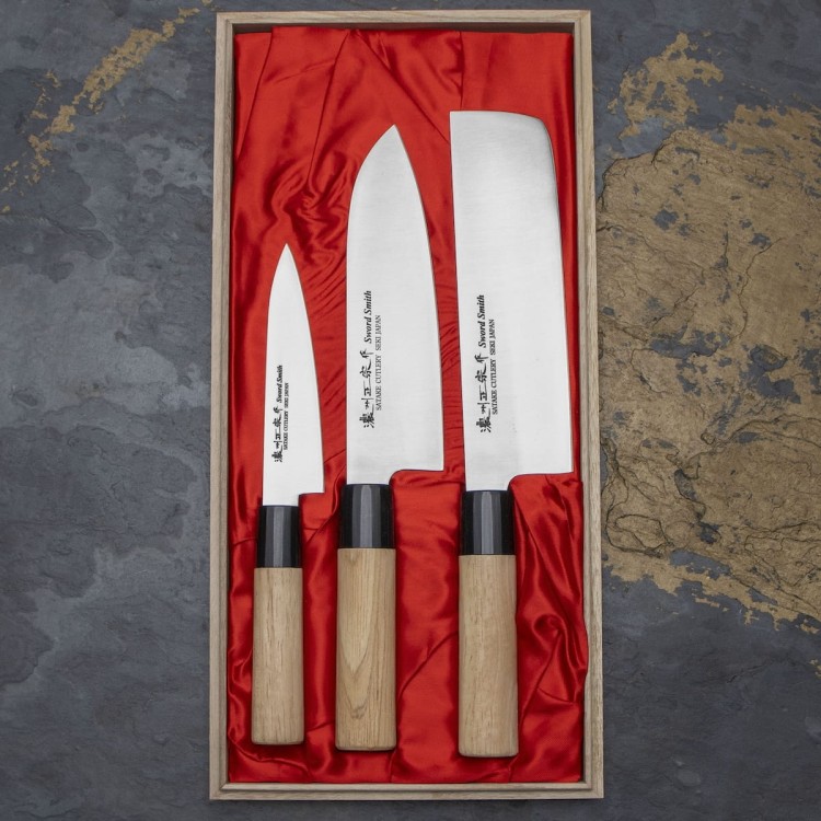Satake Misaki Japoński Zestaw 3 Noży w Drewnianym Pudełku HG8775W