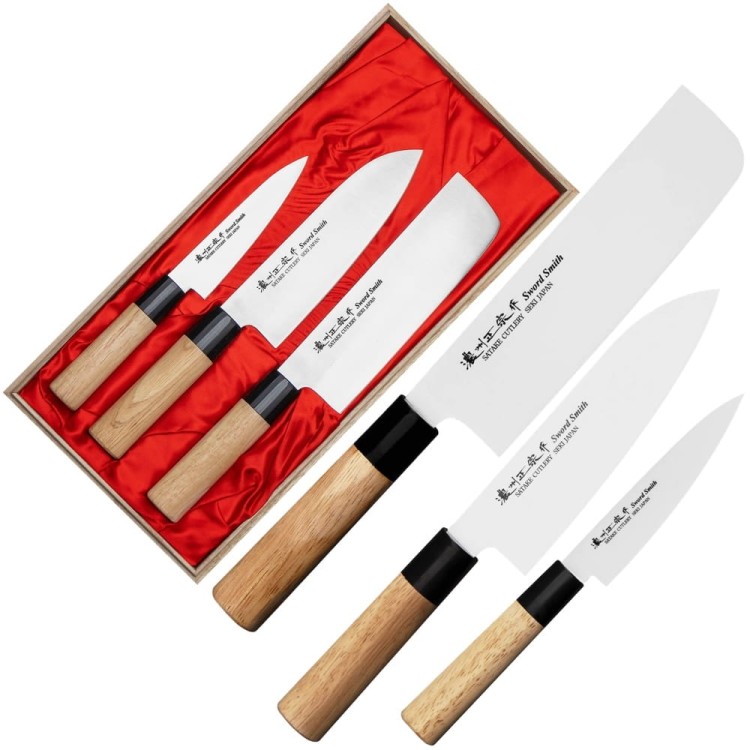 Satake Misaki Japoński Zestaw 3 Noży w Drewnianym Pudełku HG8775W