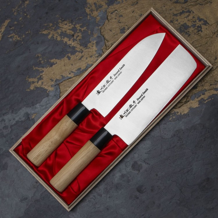 Satake Misaki Japoński Zestaw 2 Noży Nóż Santoku 18cm i Nakiri 17cm