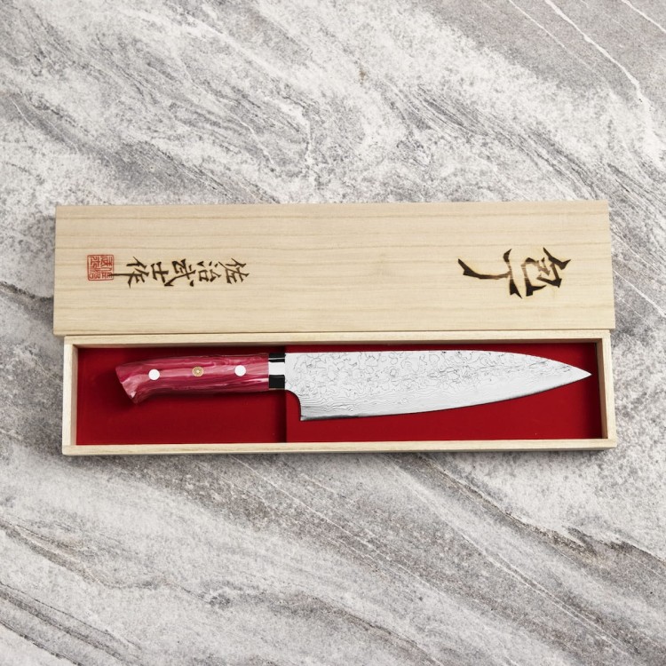 Takeshi Saji Red Turquoise Ręcznie Kuty R2 Japoński Nóż Kuchenny Szefa Kuchni 63-64 HRC 21cm