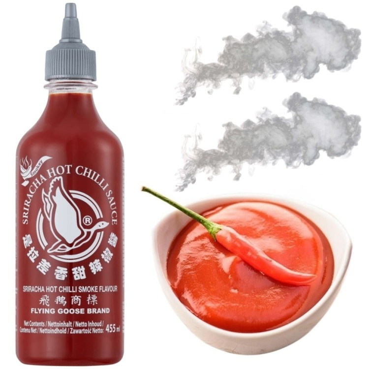 Tajski Ostry Sos Chili SMOKEY Sriracha Dymny Smak Aromat Ostre Chilli 455ml FLYING GOOSE BRAND