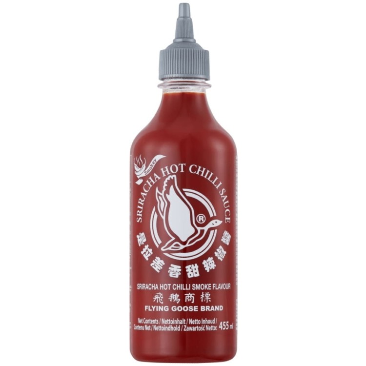 Tajski Ostry Sos Chili SMOKEY Sriracha Dymny Smak Aromat Ostre Chilli 455ml FLYING GOOSE BRAND
