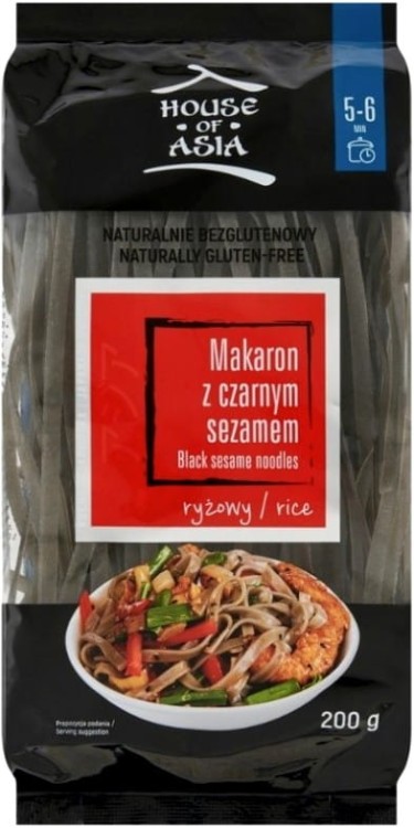 Makaron Ryżowy z Czarnym Sezamem Tasiemki 5mm Bezglutenowy 200g HOUSE OF ASIA