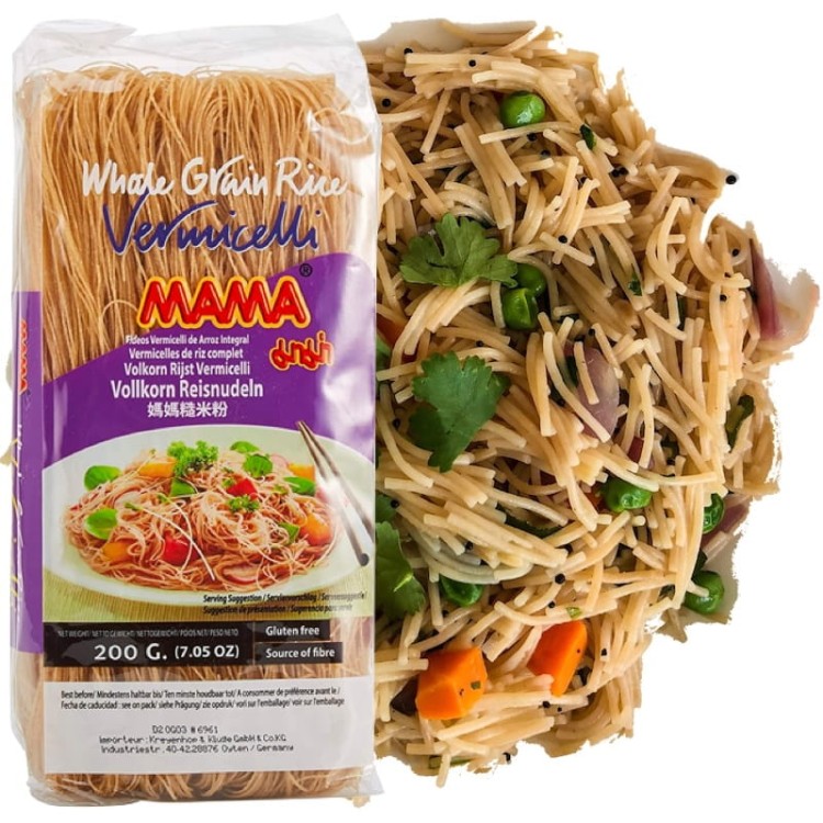 Tajski Makaron Ryżowy Brązowy Vermicelli Nitki Pełnoziarnisty Błonnik 200g MAMA