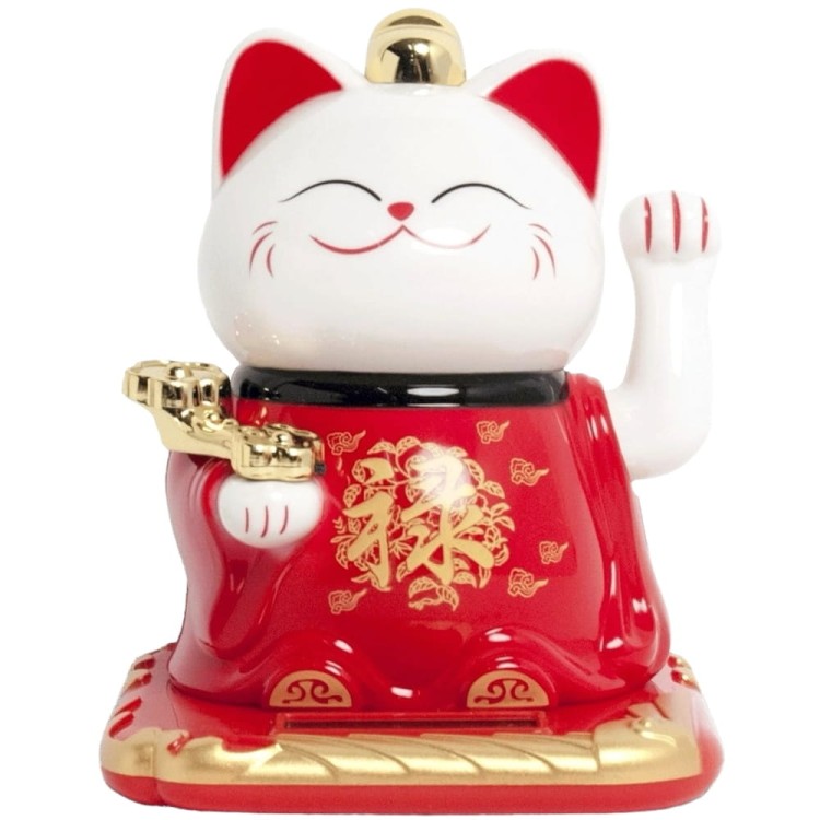 Figurka Solarna Japoński Biało Czerwony Kot Szczęścia Lok Maneki Neko EMRO AZIATICA