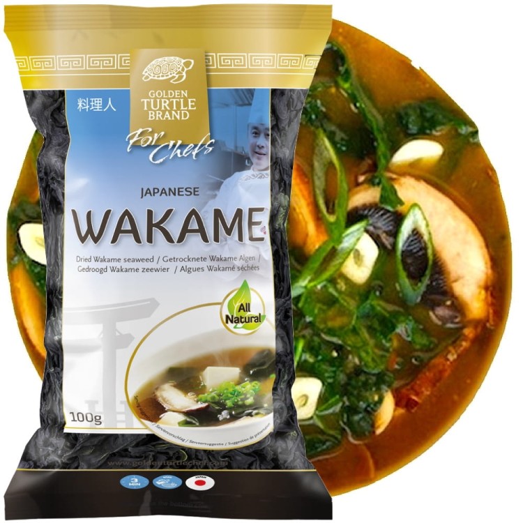 Suszone Wodorosty Algi Glony Japońskie WAKAME Cięte Do Zupy MISO 100g GTB GOLDEN TURTLE BRAND