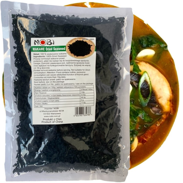 Wodorosty Glony Algi Morskie WAKAME Cięte Nitki Do Zupy MISO i Sałatek 500g NOBI