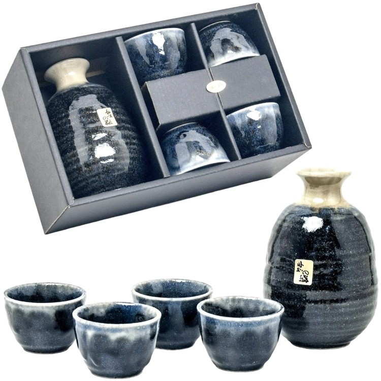 Ciemno Niebieski Ceramiczny Zestaw Komplet Do Podawania Japońskiego Sake EDO JAPAN