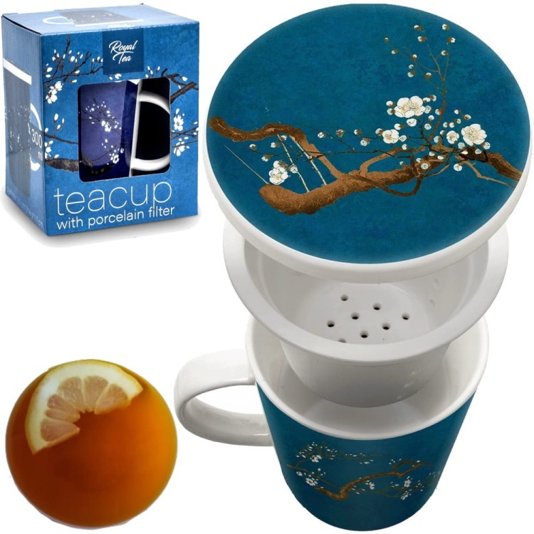 Kubek Do Herbaty z Ceramicznym Filtrem Motyw Wzór NIEBIESKI KWIAT MAGNOLII 300ml ROYAL TEA