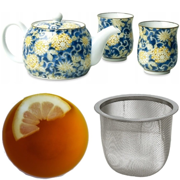 Japoński Elegancki Zestaw Do Herbaty Niebiesko Żółty Kwiatowy Wzór EMRO AZIATICA
