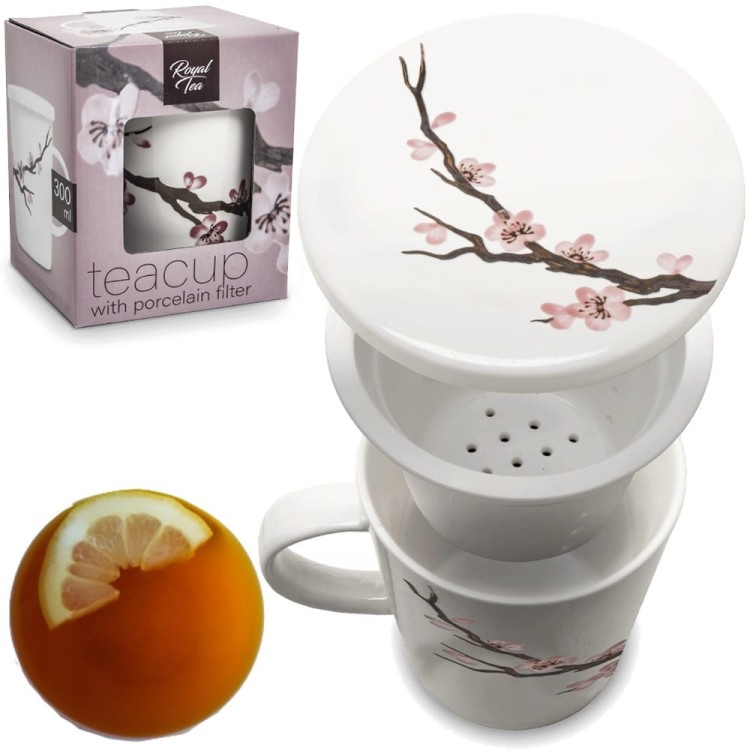 Biały Kubek Do Herbaty z Ceramicznym Filtrem SAKURA 300ml ROYAL TEA