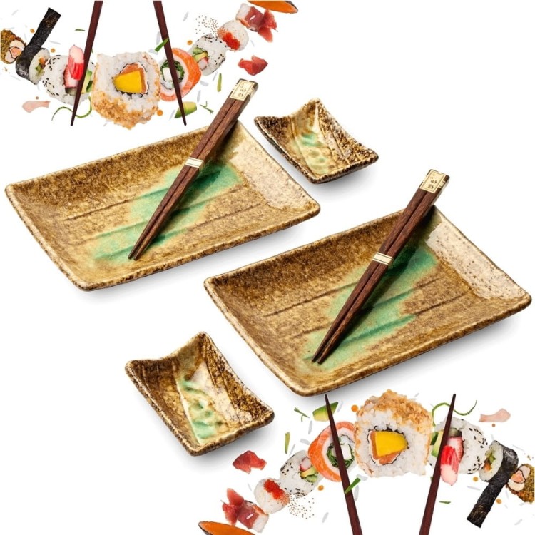 Zestaw Ceramiki Do Sushi Komplet Ki Kasshoku Brązowo Zielony Ceramika Dla 2 Osób EDO JAPAN
