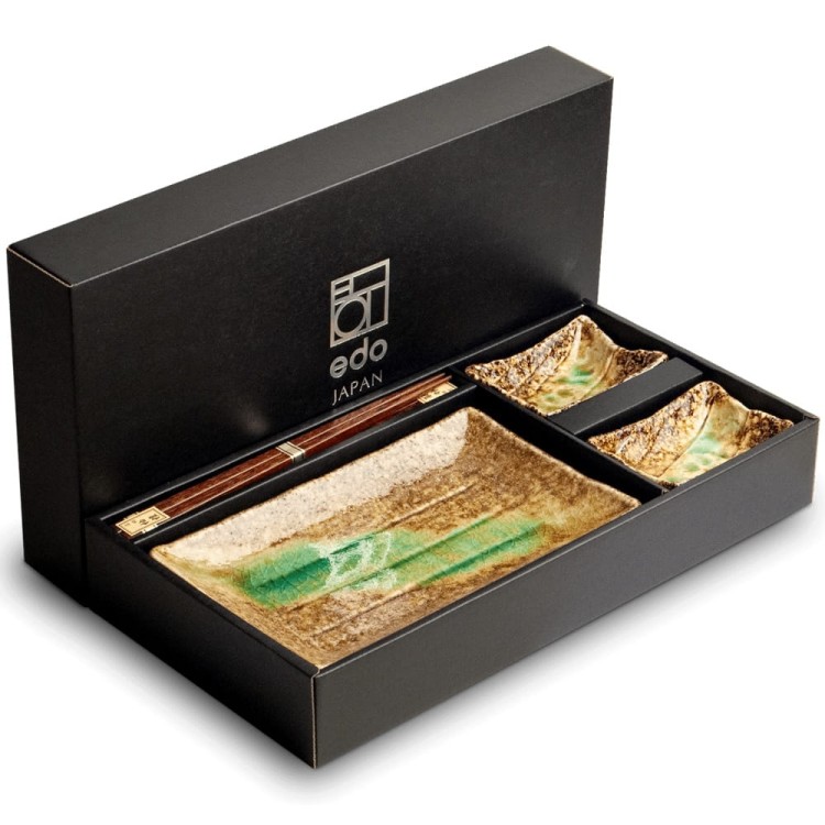 Zestaw Ceramiki Do Sushi Komplet Ki Kasshoku Brązowo Zielony Ceramika Dla 2 Osób EDO JAPAN