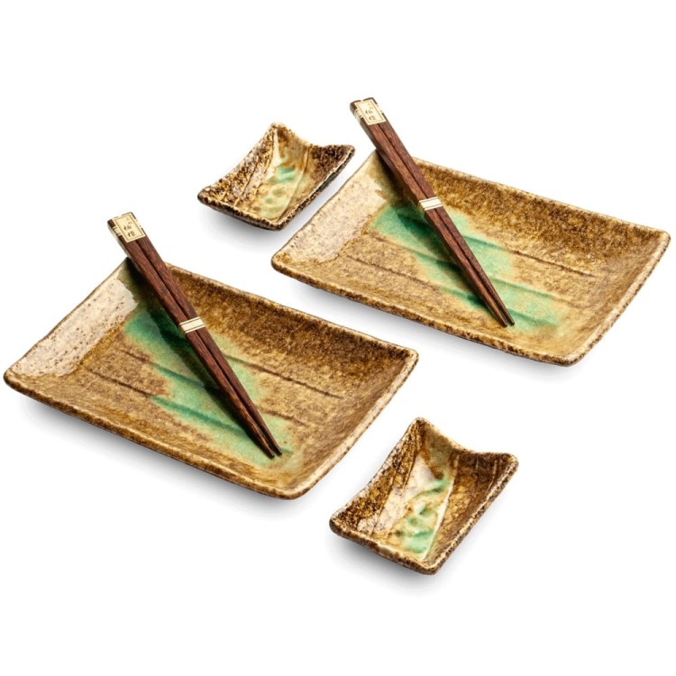 Zestaw Ceramiki Do Sushi Komplet Ki Kasshoku Brązowo Zielony Ceramika Dla 2 Osób EDO JAPAN