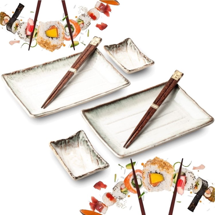 Zestaw Ceramiki Do Sushi Komplet Tsuno Kremowo-Szary Ceramika Dla 2 Osób EDO JAPAN
