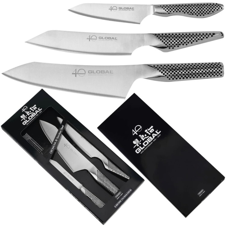 Global Japoński Zestaw 3 Noży Kuchennych Stal Nierdzewna Wysokiej Jakości Limited 40th Anniversary G-458110/AN