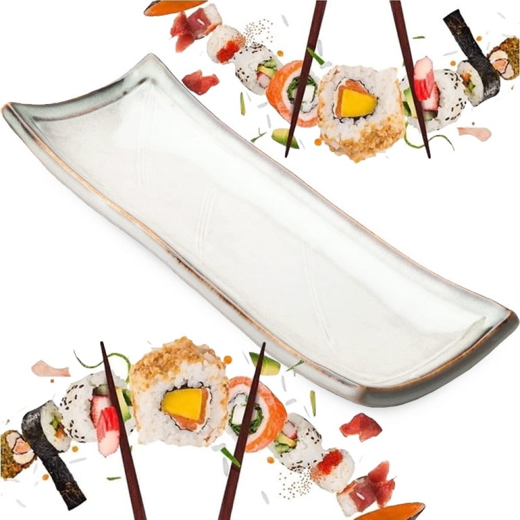 Ceramiczny Kremowo Szary Talerz Do Serwowania Sushi 24,5cm x 9cm x 3,5cm EDO JAPAN
