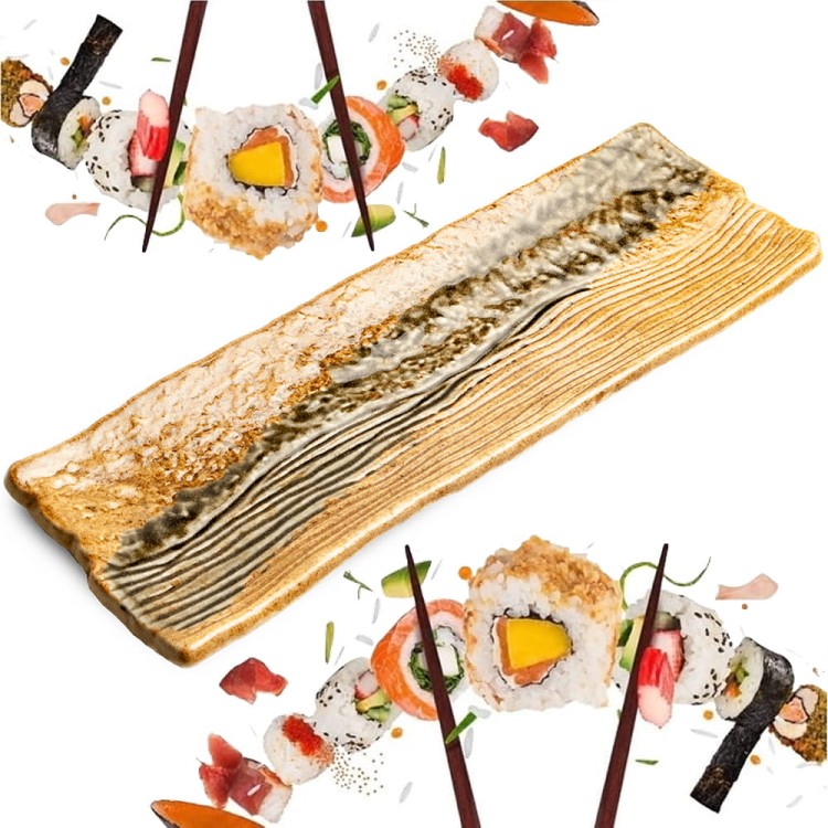 Ceramiczny Brązowo Zielony Talerz Do Serwowania Sushi 32,5cm x 10,5cm x 2,5cm EDO JAPAN