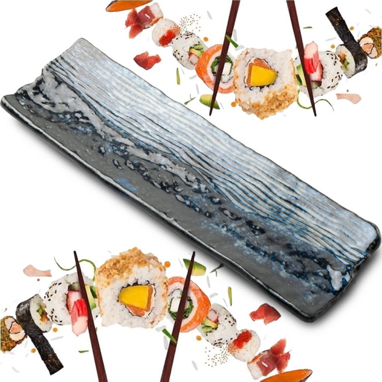 Ceramiczny Niebiesko Szary Talerz Do Serwowania Sushi 33,5cm x 10,5cm x 2,5cm EDO JAPAN