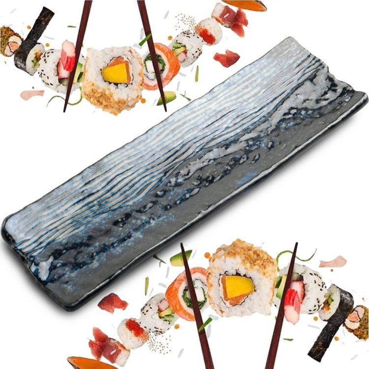 Ceramiczny Niebiesko Szary Talerz Do Serwowania Sushi 33,5cm x 10,5cm x 2,5cm EDO JAPAN