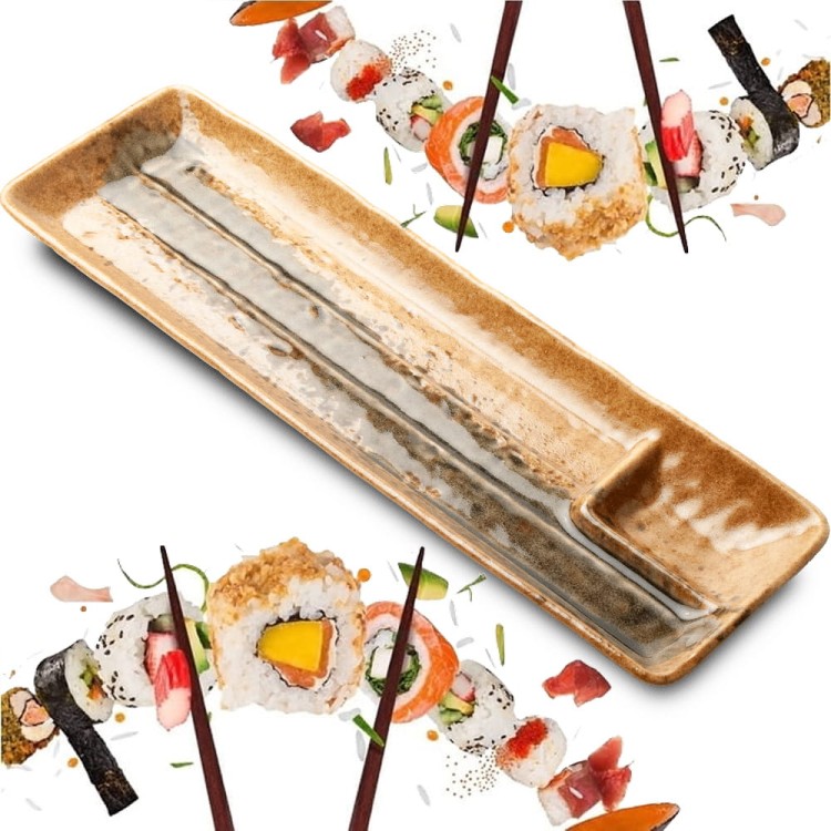 Ceramiczny Brązowo Zielony Talerz Do Serwowania Sushi z Miejscem Na Sos 33,5cm x 10,5cm x 2,5cm EDO JAPAN