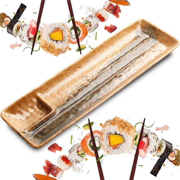 Ceramiczny Brązowo Zielony Talerz Do Serwowania Sushi z Miejscem Na Sos 33,5cm x 10,5cm x 2,5cm EDO JAPAN