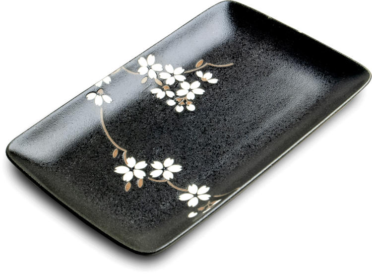 Ceramiczny Czarny Talerz w Białe Kwiaty Do Serwowania Sushi 21cm x 13,5cm x 3cm EDO JAPAN