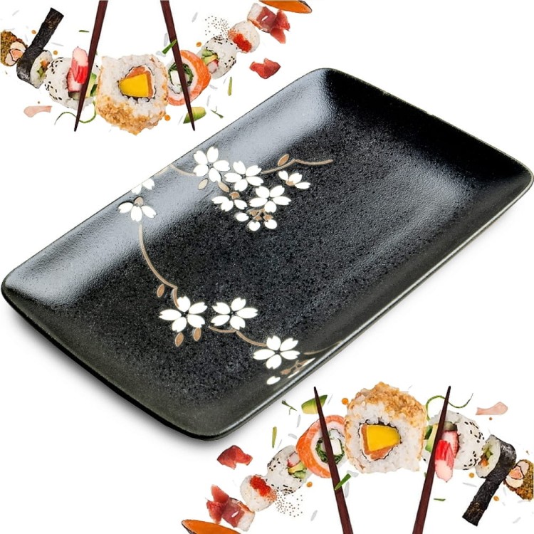 Ceramiczny Czarny Talerz w Białe Kwiaty Do Serwowania Sushi 21cm x 13,5cm x 3cm EDO JAPAN