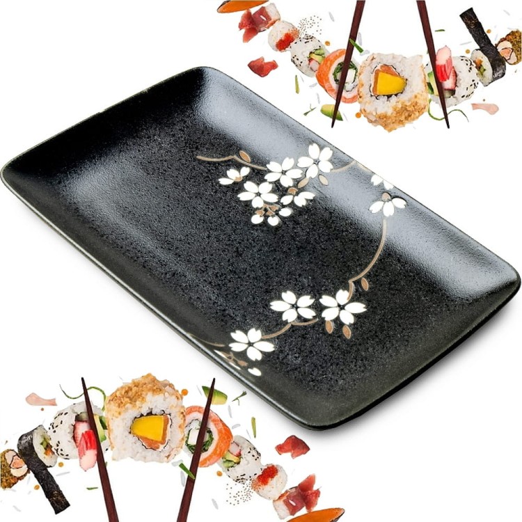 Ceramiczny Czarny Talerz w Białe Kwiaty Do Serwowania Sushi 21cm x 13,5cm x 3cm EDO JAPAN