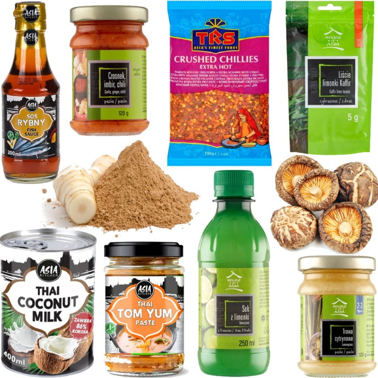 Zestaw Składników Do Przygotowania Ostrej Tajskiej Zupy Krewetkowej TOM YUM 10 Produktów