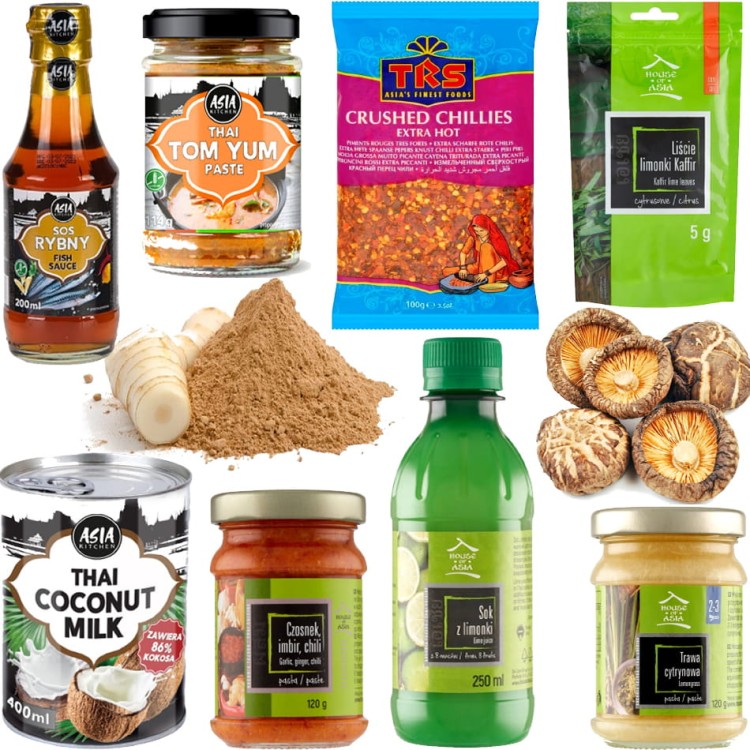 Zestaw Składników Do Przygotowania Ostrej Tajskiej Zupy Krewetkowej TOM YUM 10 Produktów
