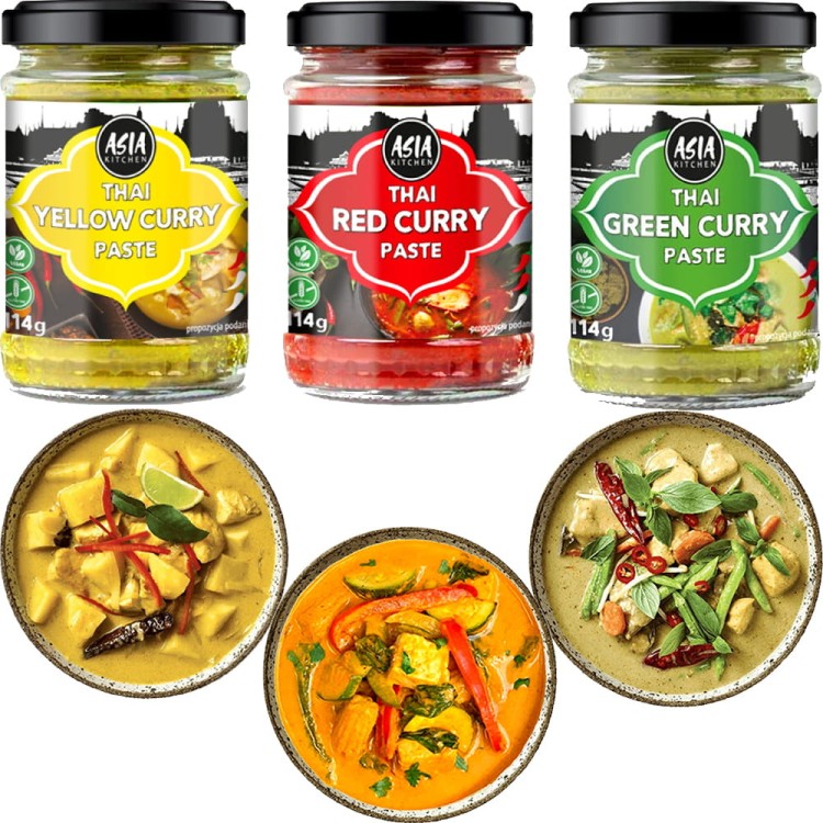 ZESTAW 3 RÓŻNYCH PAST CURRY MIX Zielona Czerwona i Żółta Pasta Curry 3x 114g ASIA KITCHEN