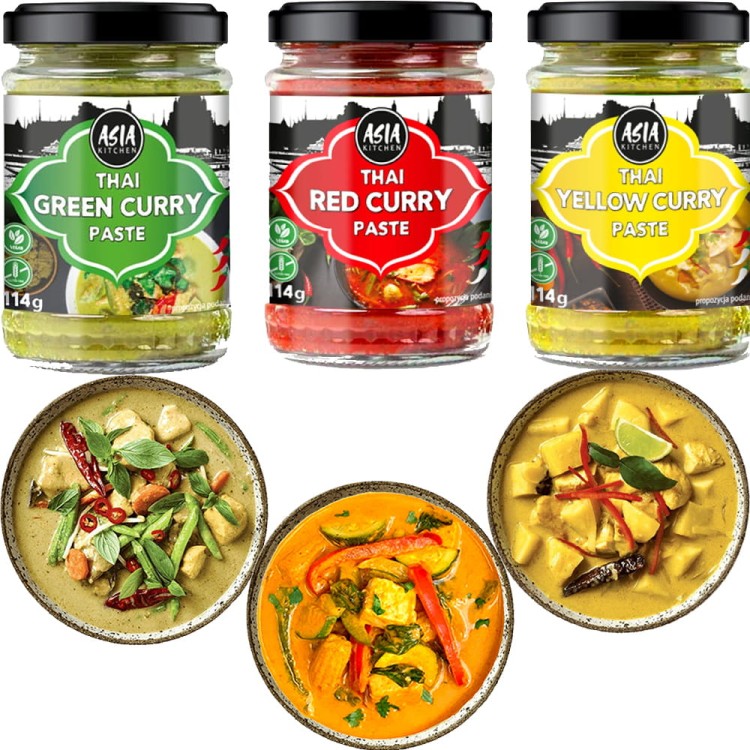 ZESTAW 3 RÓŻNYCH PAST CURRY MIX Zielona Czerwona i Żółta Pasta Curry 3x 114g ASIA KITCHEN