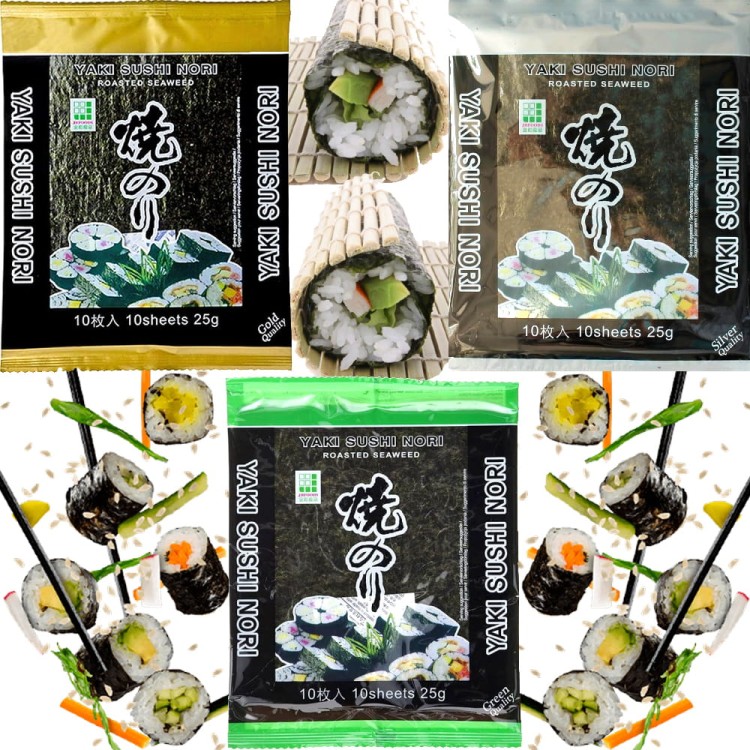 ZESTAW 3 RÓŻNYCH NORI Wodorosty Algi Glony Do Sushi GOLD SILVER  i GREEN 30 Sztuk JHFOODS