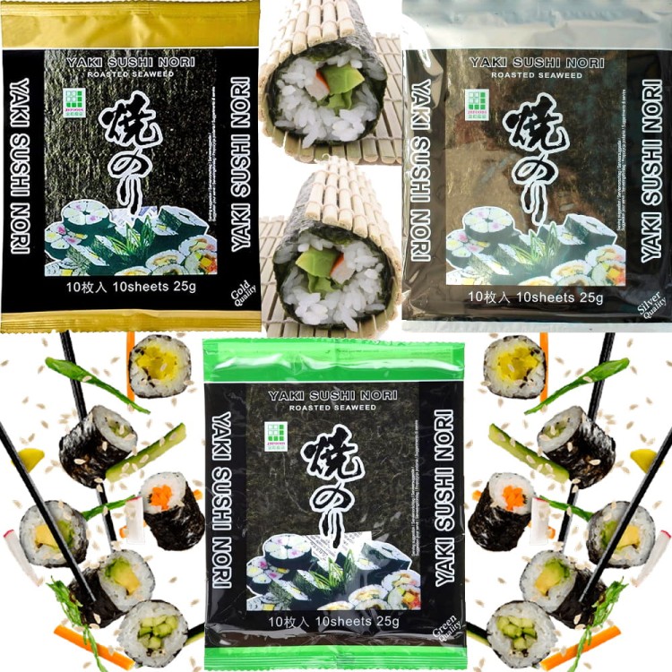 ZESTAW 3 RÓŻNYCH NORI Wodorosty Algi Glony Do Sushi GOLD SILVER  i GREEN 30 Sztuk JHFOODS