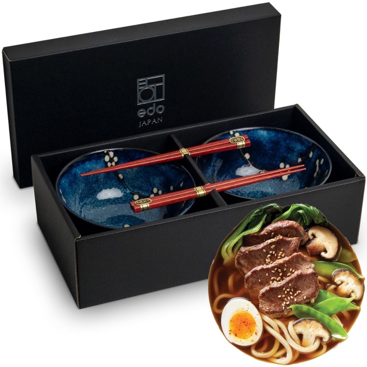 Zestaw Niebieskich Misek 17cm Do Makaronu Zupy Udon z Pałeczkami HANA BLUE EDO JAPAN