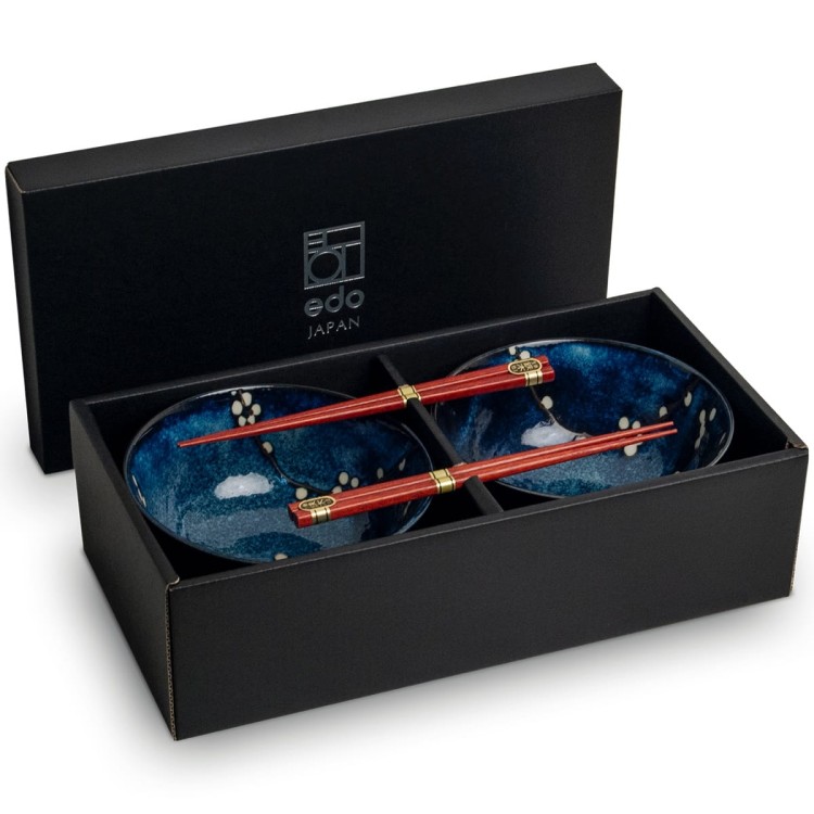 Zestaw Niebieskich Misek 17cm Do Makaronu Zupy Udon z Pałeczkami HANA BLUE EDO JAPAN