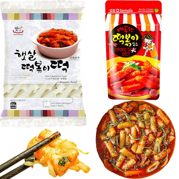 ZESTAW KLUSKI + SOS DO TTEOKBOKKI Kluski Ryżowe 3x200g i Sos Baza Topokki Słodko Ostry 150g