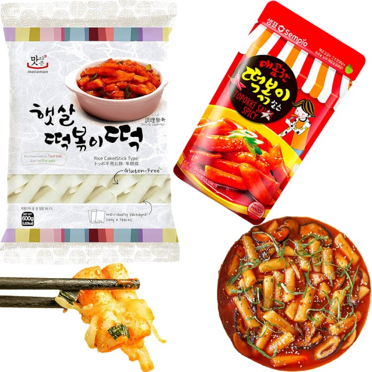 ZESTAW KLUSKI + SOS DO TTEOKBOKKI Kluski Ryżowe 3x200g i Sos Baza Topokki Słodko Ostry 150g