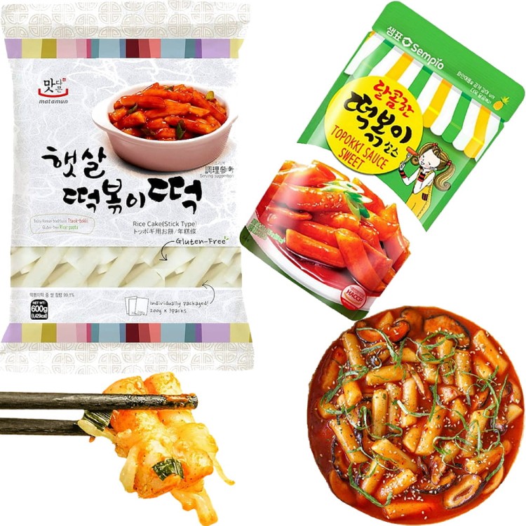 ZESTAW KLUSKI + SOS DO TTEOKBOKKI Kluski Ryżowe 3x200g i Sos Baza Topokki Słodki Smak 150g