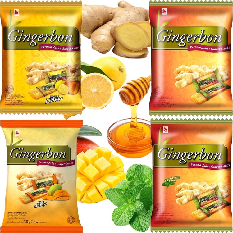 ZESTAW 4 RODZAJE Cukierki Imbirowe Original Cytryna-Mód Mango i Mięta 4x 125g GINGERBON
