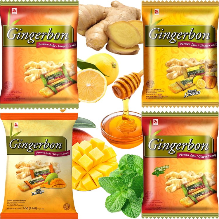 ZESTAW 4 RODZAJE Cukierki Imbirowe Original Cytryna-Mód Mango i Mięta 4x 125g GINGERBON