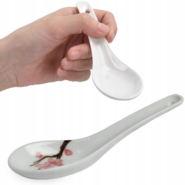 Orientalna Łyżka Łyżeczka Porcelanowa Do Zupy Biała Kwiaty Sakura 14,5cm EMRO AZIATICA