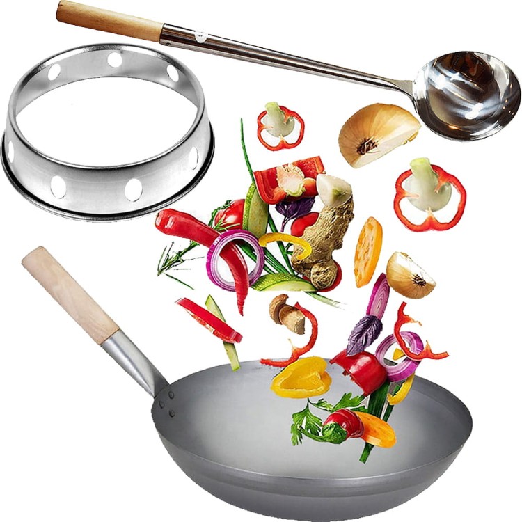 ZESTAW WOK Chińska Patelnia WOK 33cm + Pierścień PODSTAWKA + CHOCHLA Do Mieszania JADE TEMPLE