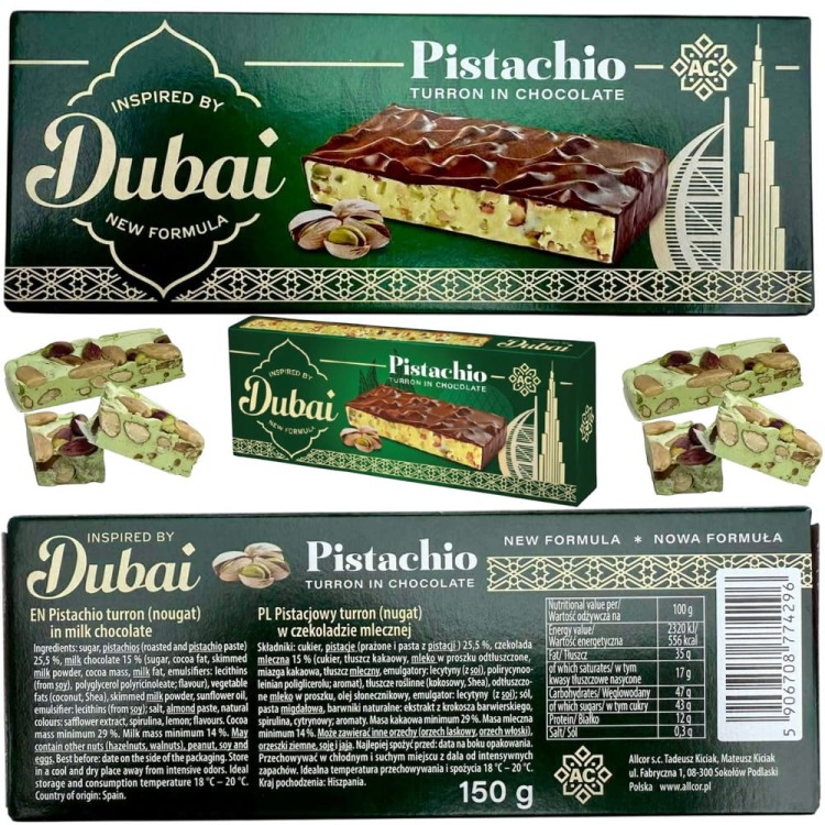 Hiszpański Pistacjowy Turron Nugat w Czekoladzie Mlecznej 150g INSPIRED BY DUBAI