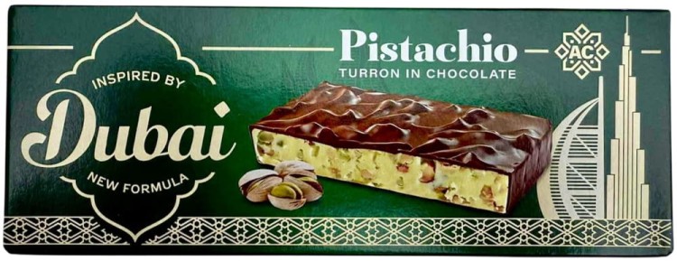 Hiszpański Pistacjowy Turron Nugat w Czekoladzie Mlecznej 150g INSPIRED BY DUBAI